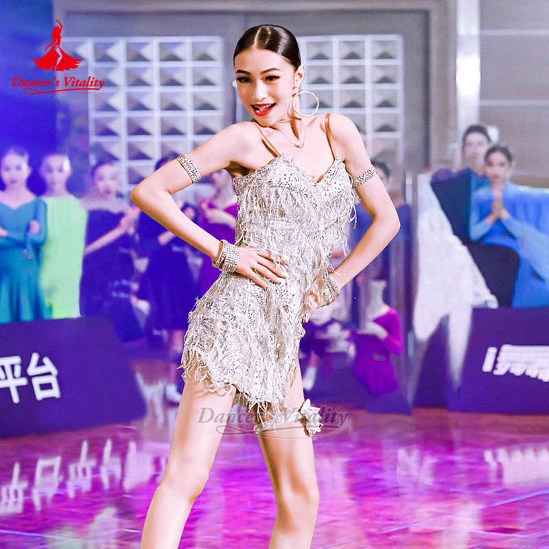 Adult&Child Latin Dance Luxurious AB Stones Tassels Dresses High-end Customized Samba Chacha Contest Clothing Dancer's Vitality