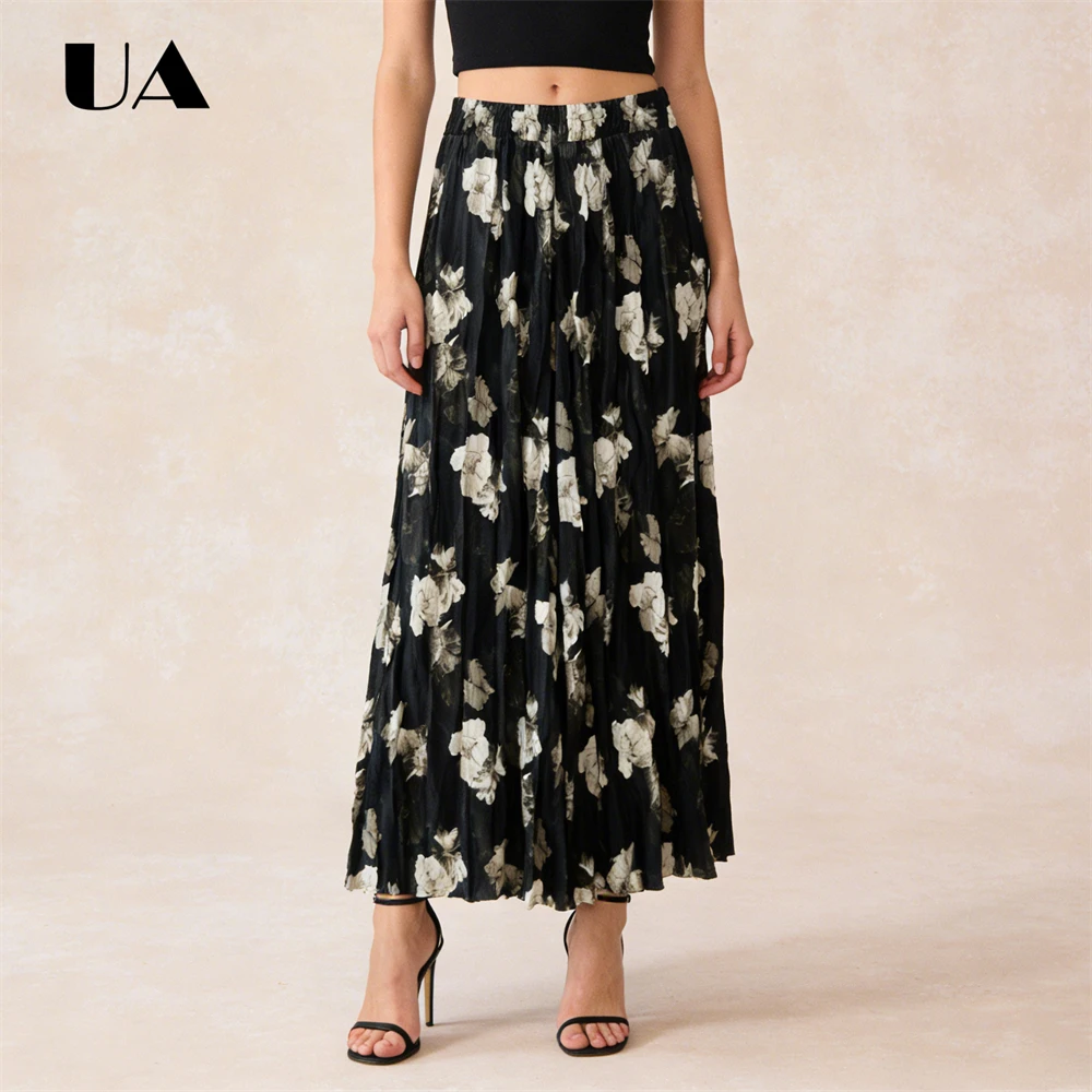 

Плиссированная юбка в стиле ретро с камелией 2026, женские летние юбки с принтом, модные повседневные юбки, струящаяся черная и кофейная юбка