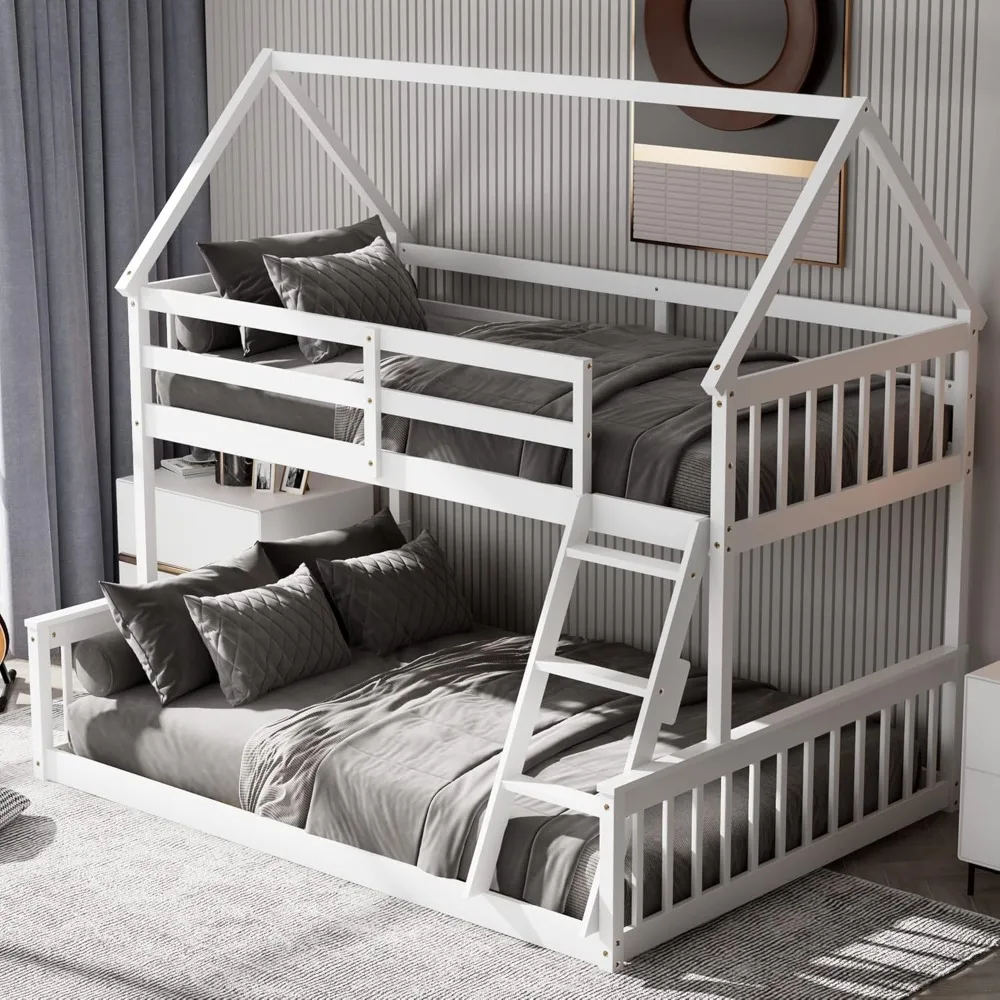 Wood Twin Over Full House Bunk Bed  No Box Spring Needed (White)