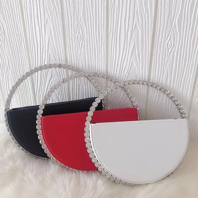 Round Shape Black/White/Red Clutch Evening Bag  Best Designer Multi-Color Rhinestone Handle Hard Party Purse Wedding Handbags