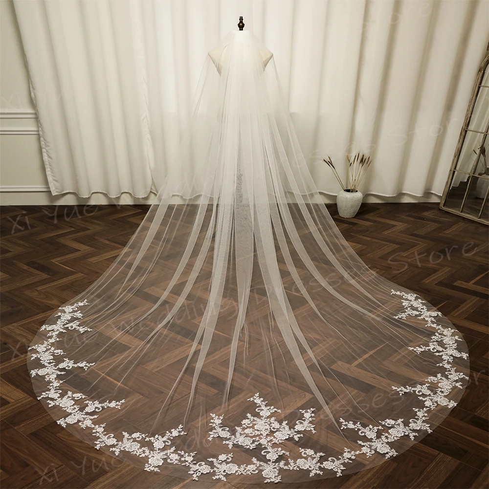 Fashionable Romantic Women's Wedding Veil Charming Pretty Lace Appliques Cathedral Bridal Veil Gorgeous Elegant Cosas Para Bodas