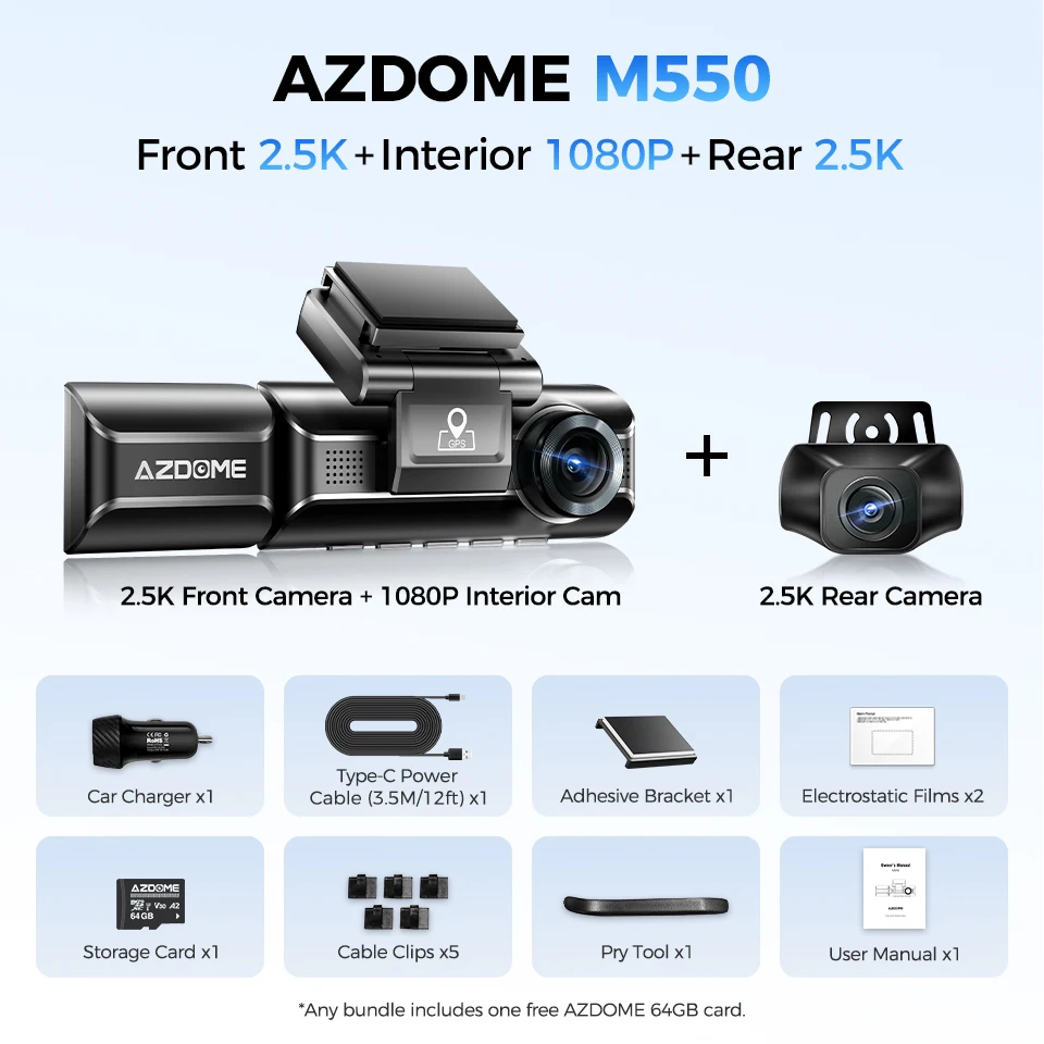 AZDOME-Caméra de Tableau de Bord M550, 4K + 1080, Écran 3.18, 3 Caméras, GPS, Wifi, Voiture, DVR IR,