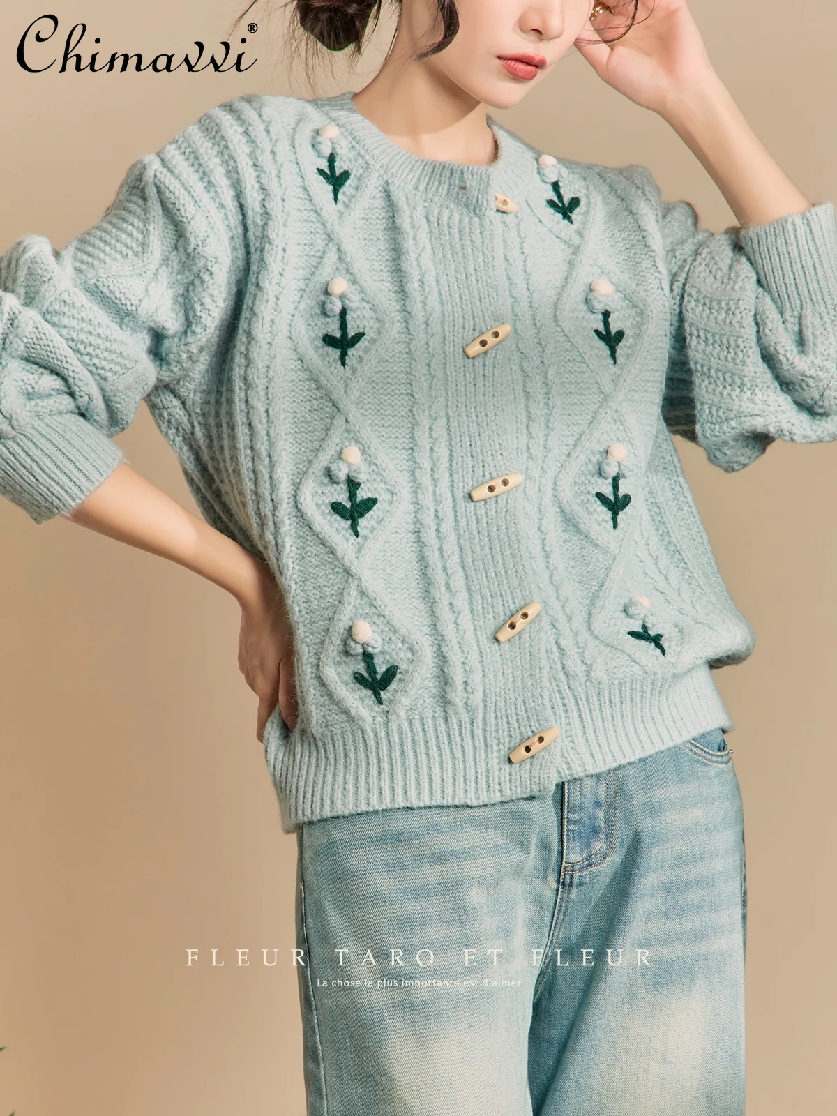 

French Elegant Retro Long Sleeve Knitted Sweater Top Warm Flower Embroidered Fashion Casual Loose Knitwear Cardigan Women Autumn