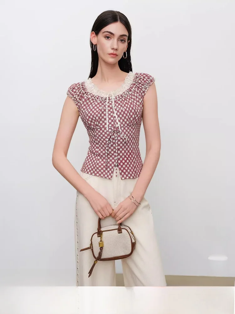 

Женская винтажная блузка Slim Fit с кружевными вставками и рукавами-фонариками, в клетку, в милом стиле, с коротким рукавом, круглым вырезом и застежкой на пуговицах