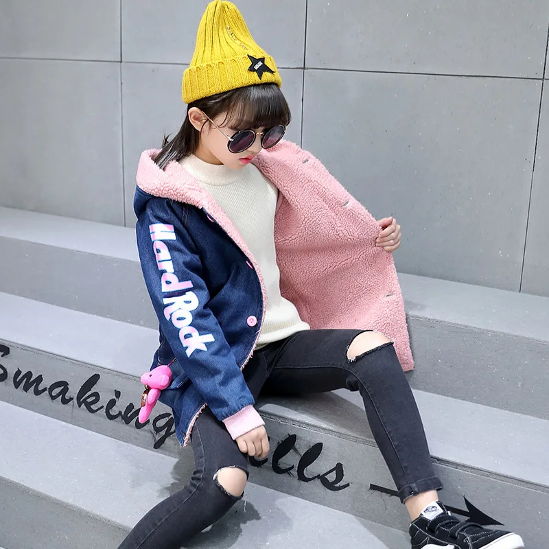 Girls Thick Denim Jacket for Winter New Children Long Clothes Girl Kids Thick Warm Outerwear Coats Denim Cotton Hooded Jacket