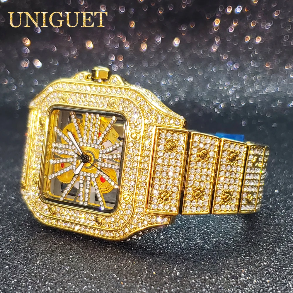 Gold Men\'s Watches Fashion 42mm Iced Out Full CZ Diamond Square Hip Hop Style Skeleton Openwork Quartz Watch Unisex Dropshipping