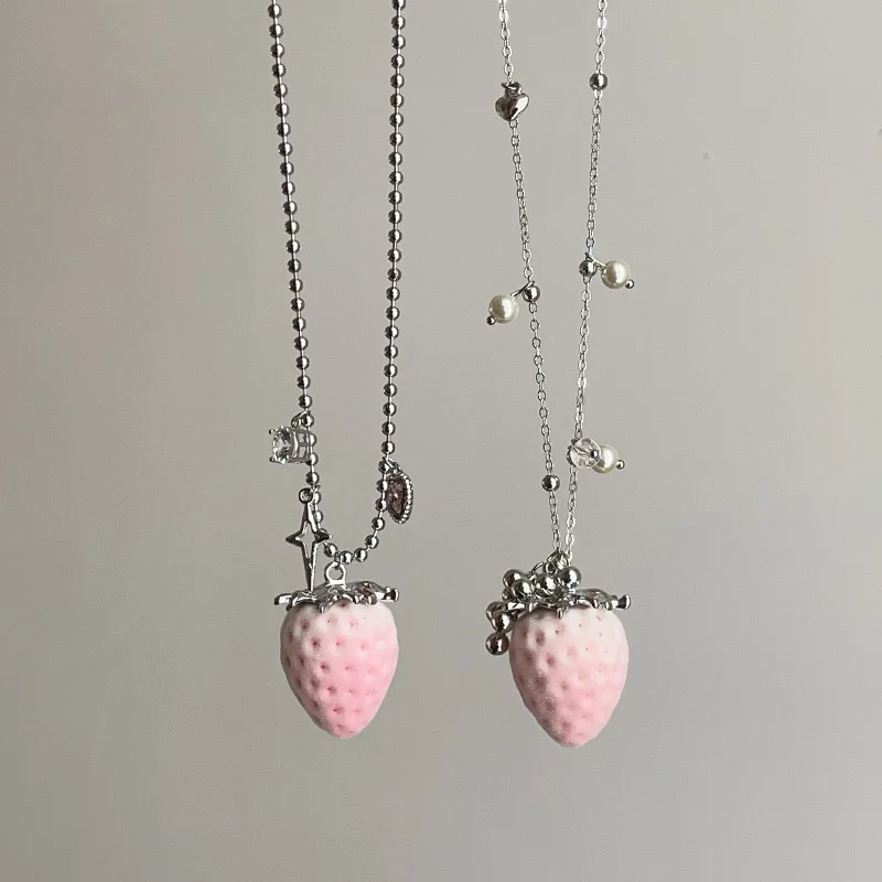 Minar New Trendy Pink Gradient Color Plush Velvet Simulated Pearl CZ Zircon Strawberry Star Pendant Necklaces for Women Chokers