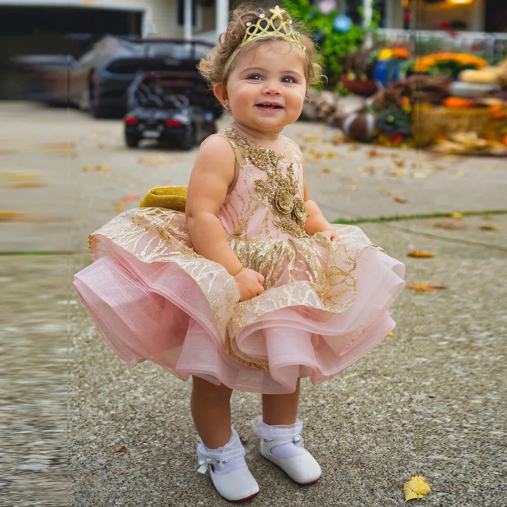 

Luxury Glitter Kids Party Dresses Layers Ball Gown Girl Princess Dress Flower Appliques Baby Girl Dress