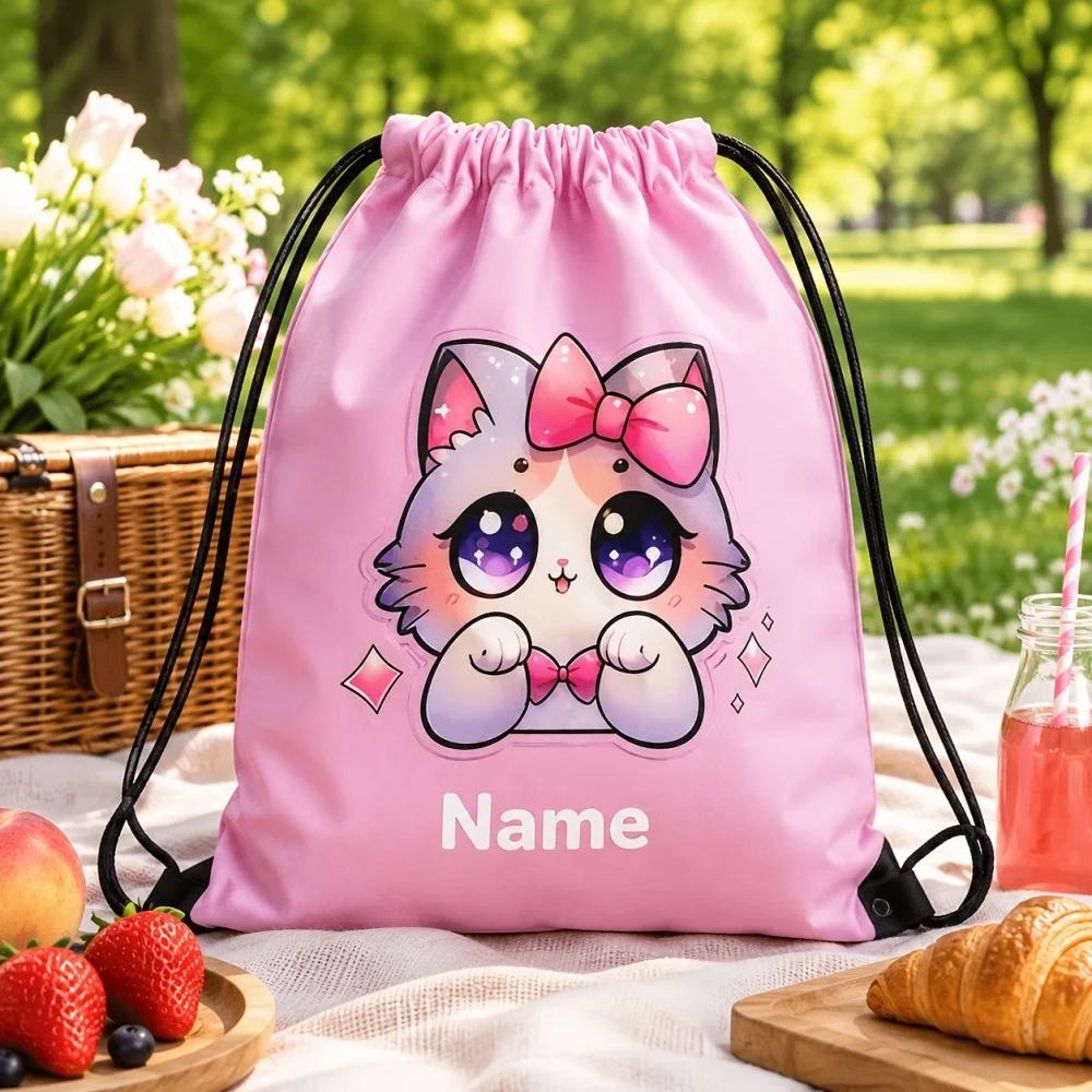 1Pc Personalized Custom Name/Text Cute Cat Drawstring Backpack, Lightweight Sports Bag, Gym Storage Bag, Outdoor Travel Rucksack