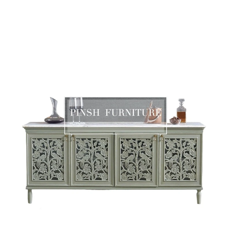 

LMM New Classical Solid Wood Hollow Carved Sideboard Vintage Wine Cabinet Living Room Hallway Decoration