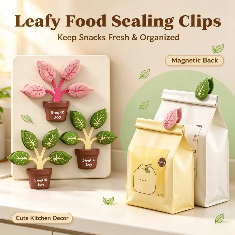 2-in-1 Bag Sealing Clips with Magnetic Creative Plants Reusable Food Bag Sealer Clips Fridge Magnet Home Decorations