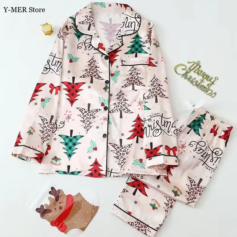 2025 Autumn Winter New Sleepwear 2Pcs Satin Loungewear Home Clothes Christmas Party Outfit Pyjamas Femme Nightwear Santa Claus