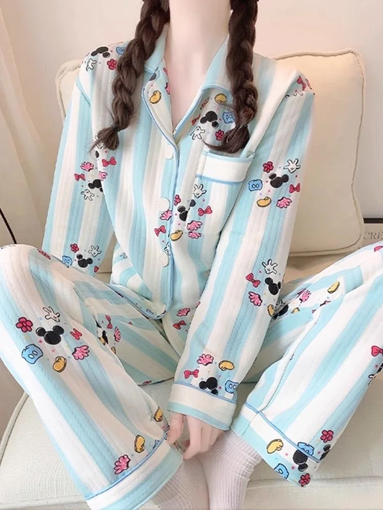 Cartoon Mouse Pajama Sets For Woman Winter Warm Quilting Knitted Cotton Sleepwear Cute Soft Long Sleeves Button Nightwear Pants