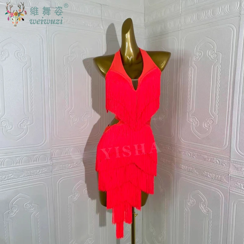 

Latin Dance Competition Show Custom Adult Children's Red Fringe Dance Dress Ballroom Rumba Chacha Tango Performance Wear