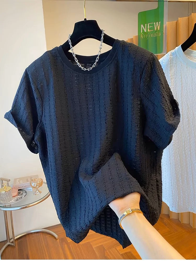 plus Size 300 Pou Women's T-irt round Ne ort Sve Loose Casual Versatile f Sve Summer Top Textured Folded