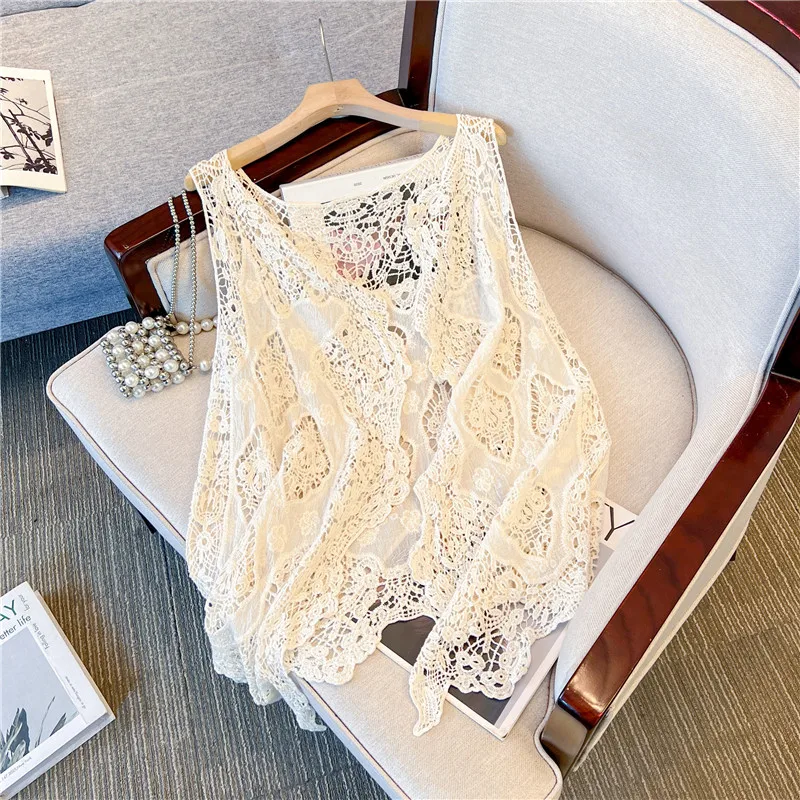 

Bohemian Embroidered Open Cardigan Hollow out Irregular Women's Outerwear Summer Cotton Knitted Vest Top for Pear Shaped