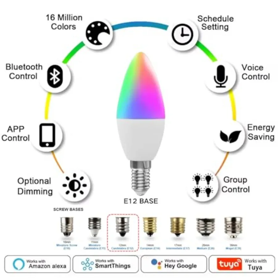 Candelabra Smart Light Bulbs 60W Equivalent, 50LM 5W LED Bulb Compatible with Alexa/Google Home, RGBCW 6 Million Color Changing