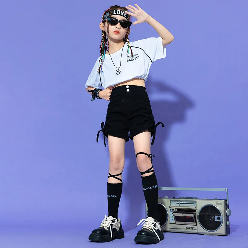 Kid Cool Hip Hop Kleidung Weiß Schwarz Crop Top T Shirt Street Side Kordelzug Geraffte Shorts für Mädchen Jazz Dance Kostüme Kleidung