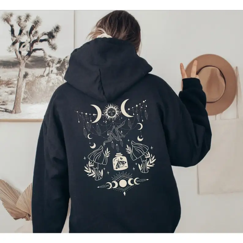 Mystical Celestial Goblincore Back Print Hoodie Moths and Mushrooms Hoodies Women Clothes Aesthetic Streetwear Women Pullover