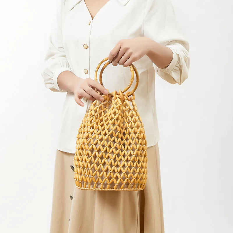 New Fashion Hand Woven Women Handbag Wooden Bead Women Bag Vintage Quality Versatile Hollow Bucket Bag