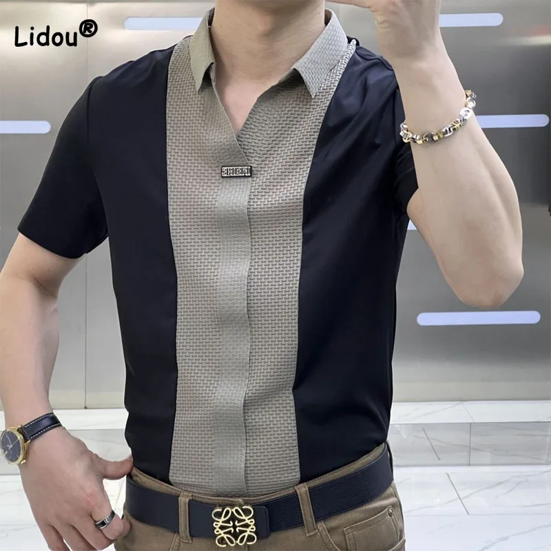 Men\'s High-end Light Luxury Short Sleeved Shirt With A Flip Collar Slim Fit Shirt 2024 Trend Korean Versionsummer Men\'s Clothing