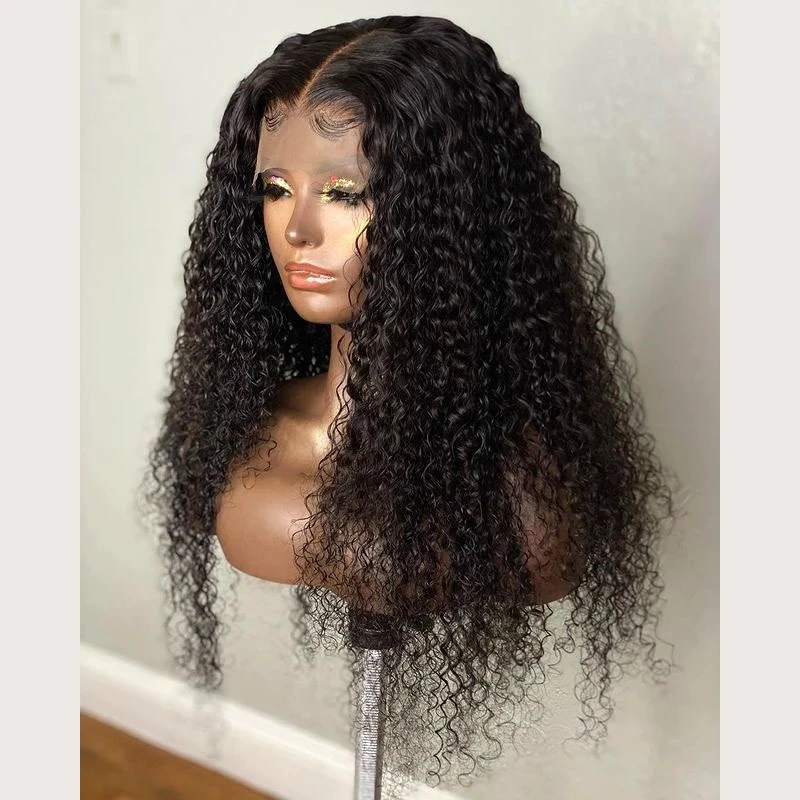 Wig hitam alami ketebalan 180 26 inci renda panjang keriting Kinky print untuk wanita dengan rambut palsu tanpa lem harian