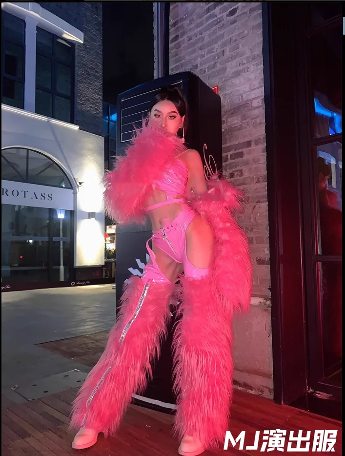 Nightclub stage costumes, women's pink fur, grand opening show, sexy clothing