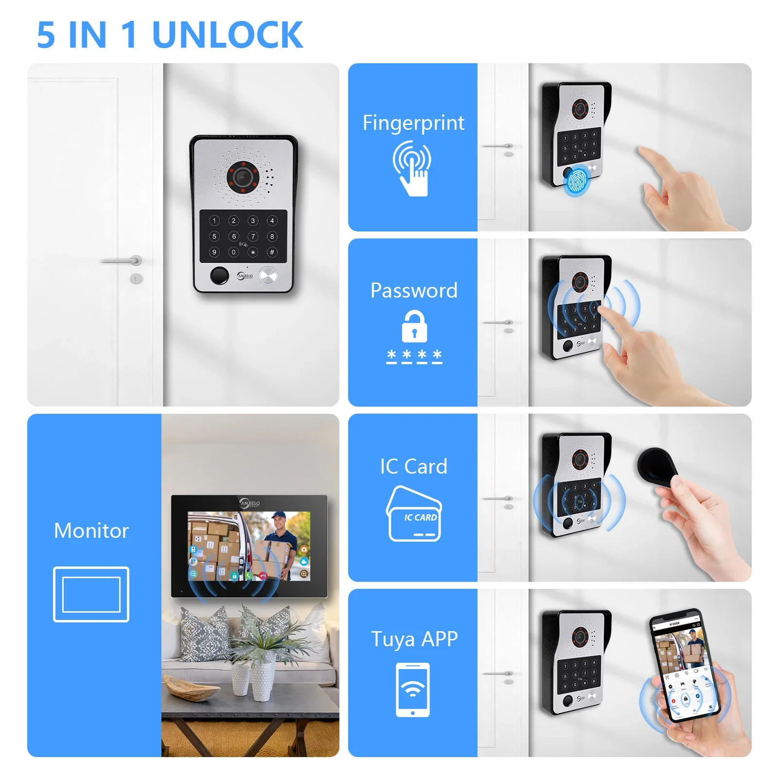 Anjielo Tuya 7/10 Inch Password Fingerprint Card Video Intercom Doorphone Touch Screen with Wired Doorbell 1080P 148° interfone