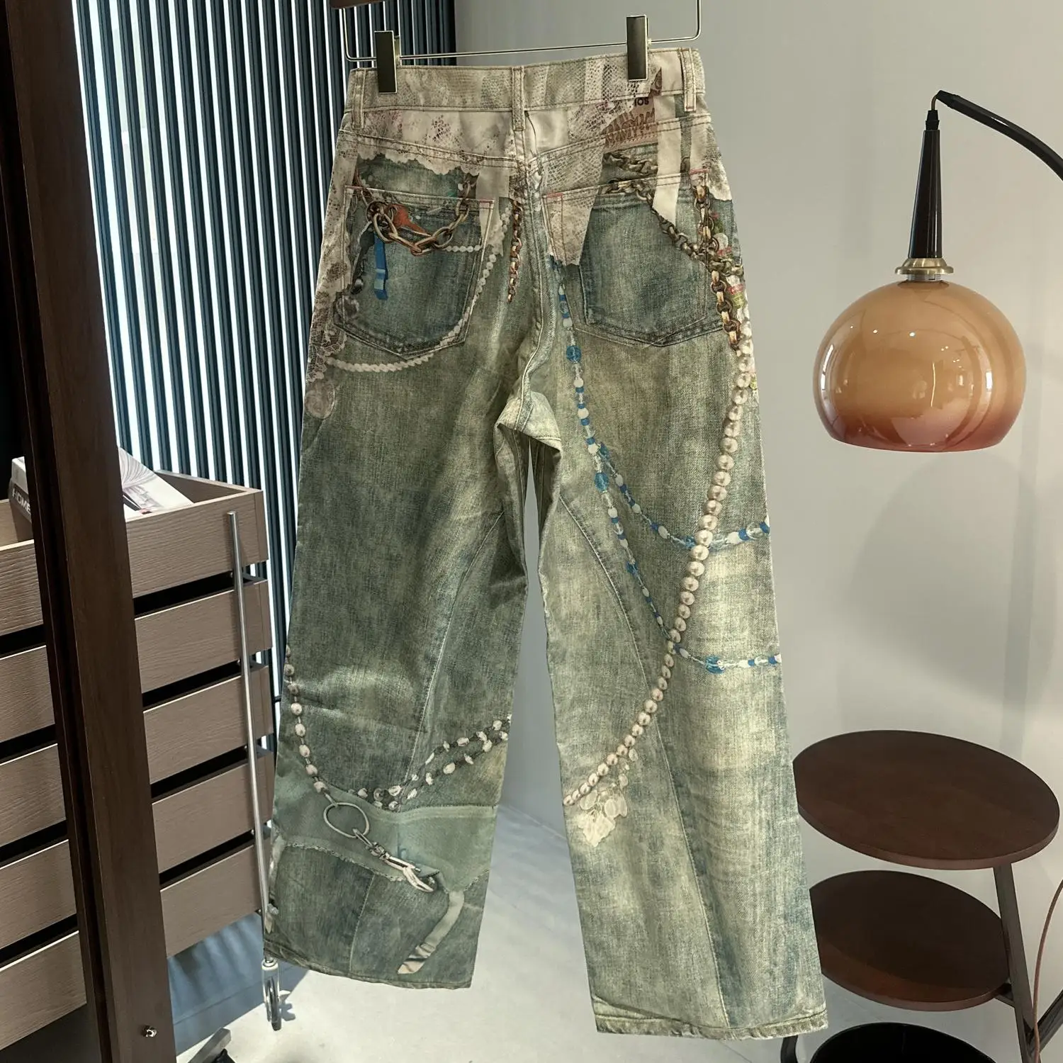 25SS Lace Pearl Chain Trompe L'oeil 3D Printed 1981 Straight Leg Jeans for Men and Women Ropa Hombre