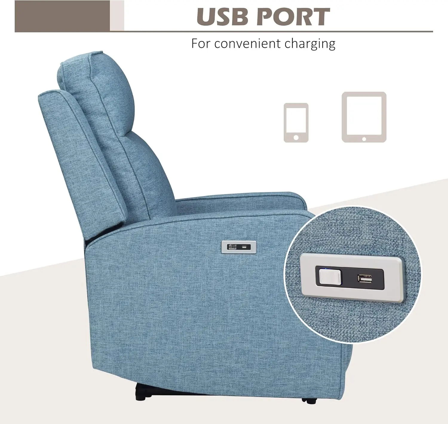 Fauteuil inclinable électrique avec station de recharge USB, fauteuil Wall Hugger, canapé inclinable avec siège en lin et patte rétractable