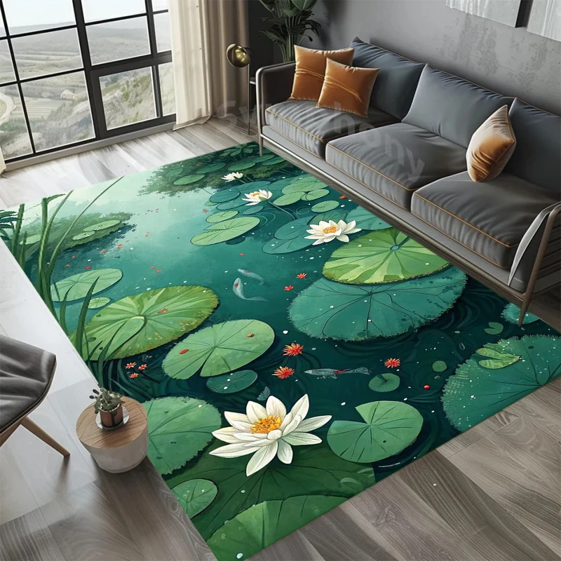 Aesthetic Summer Lotus Pond Printing Carpet for Living Room Balcony Bedroom Non-slip Floor Mat  Area Rug Home Decoration Carpet