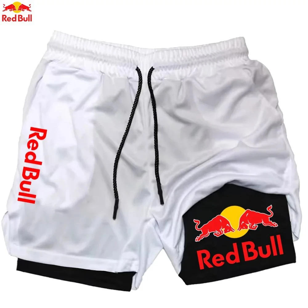 New Men'S 2-In-1 Red Bull Sports Shorts, Breathable, Casual, Fast Drying Double-Layer Shorts, Summer Running Sports Shorts M-3xl