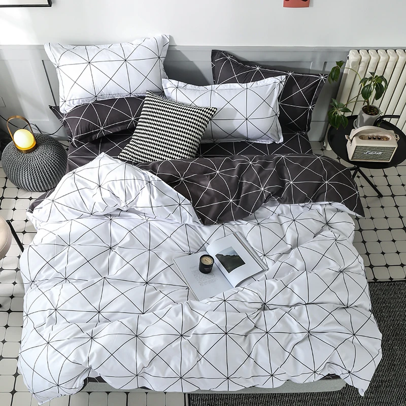 Conjunto de cama reversível Consolador, Preto e Branco Quilt Geométrica Capa com 2 Pillow Shams, Rainha e Rei Capa de Edredão, 3 PCs