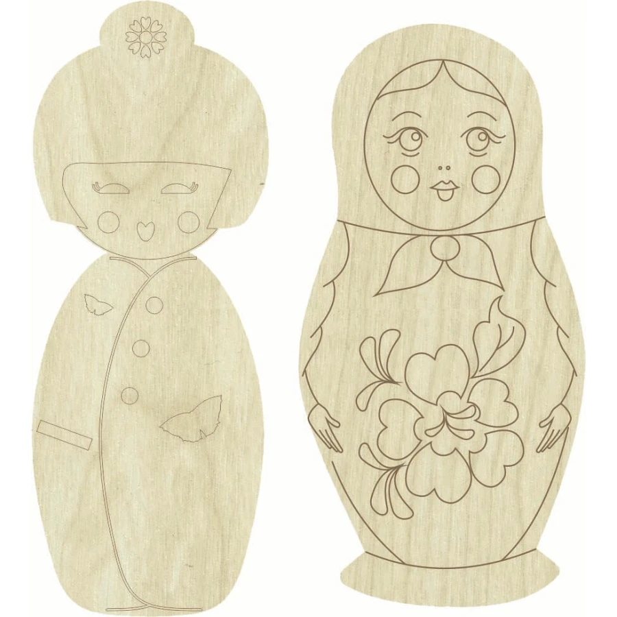 KD274 Japanese and Matryoshka Doll Figurines 2li Set Wooden Package Ornament, Hobby Ornament