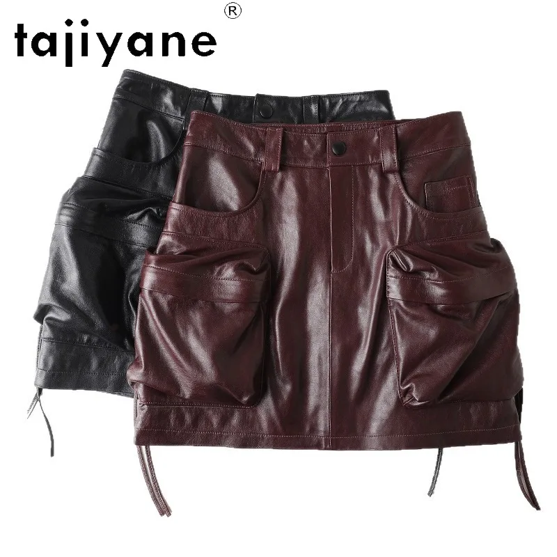 TAJIYANE Genuine Leather Skirt Oil Wax Sheepskin Women's Skirts Y2k Cargo Skirts 2026 Woman Mini Skirt 3D Pockets Zipper Юбка