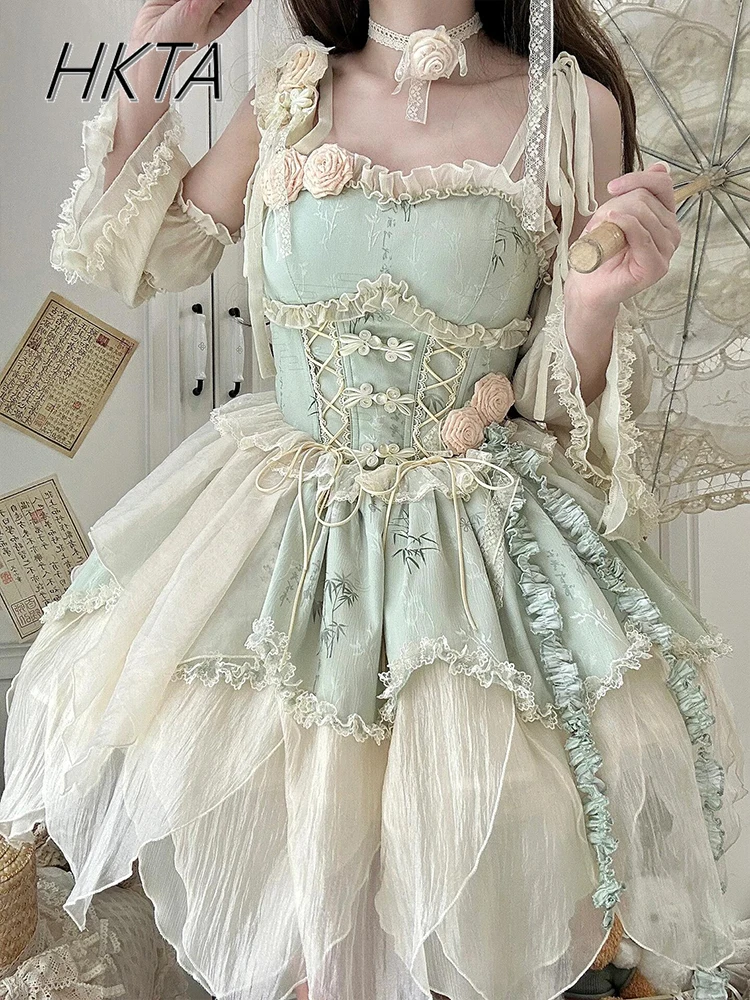Grün Bambus Blatt Druck Neue Chinesische Ballett Elegante Fee Lolita Kleid Frauen Sommer Süße Prinzessin Geburtstag Kuchen Kleid Mädchen