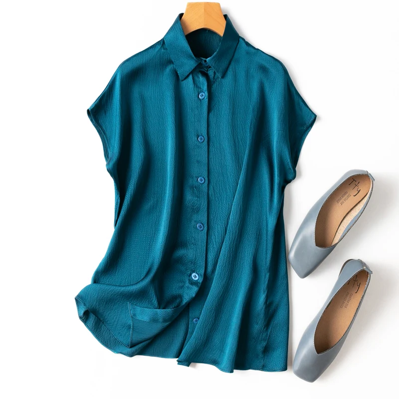 Women Shirt 100% Mulberry Silk 20 momme Heavy Silk Peacock Blue Collared Short Sleeve Buttons Down Top Blouse office work 2879