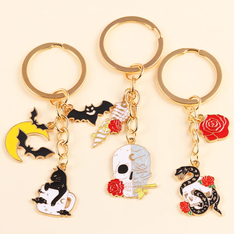 

Vintage Gothic Enamel Skull Moon Bat Cat Keyring For Men Women Bags Car Key DIY Keychain Jewelry Accessories Friendship Gifts
