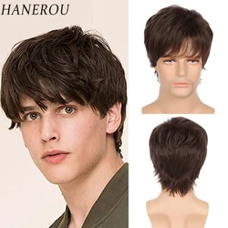 HANEROU Synthetic Short Men Wig Natural Brown Straight Wavy Hair Heat Resistant for Daily Party Cosplay