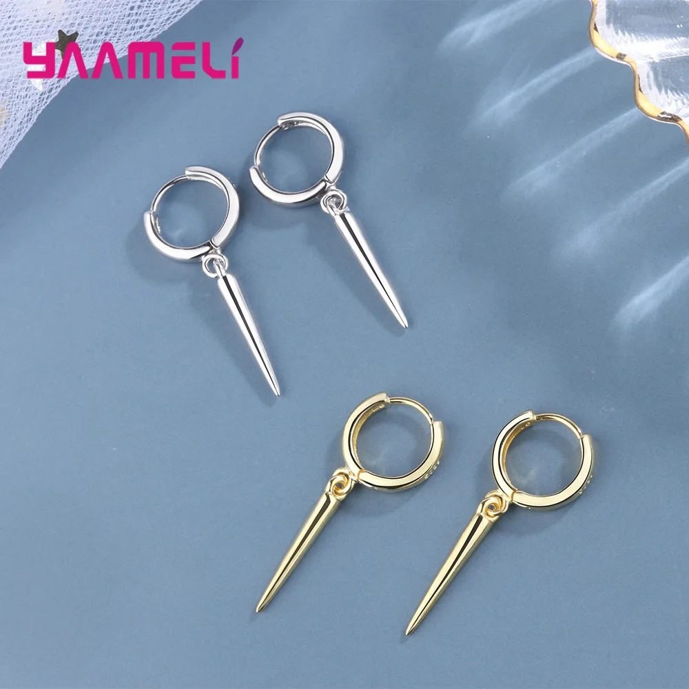 Minimalist Round Hoop 925 Sterling Silver Drop Earrings Dangle Thin Stick Simple Gold Silver Color Ear Jewelry For Women image 5