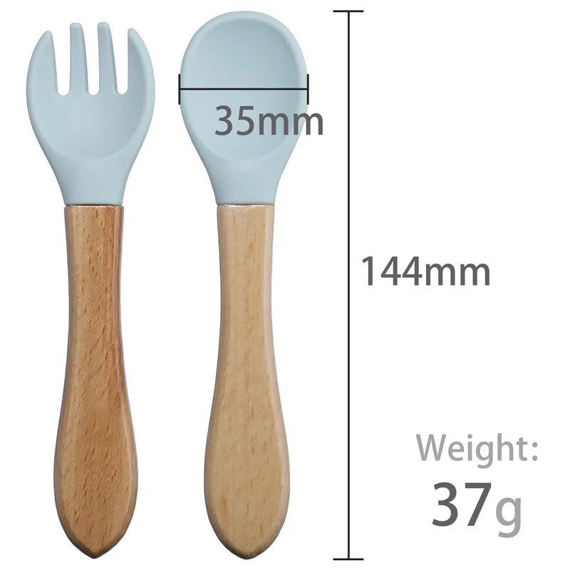 2pcs/set Food Grade Silicone Mini Fork Spoon For Baby Wooden Print Utensils Set Feeding Spoon Learn To Eat Children\'s Tableware