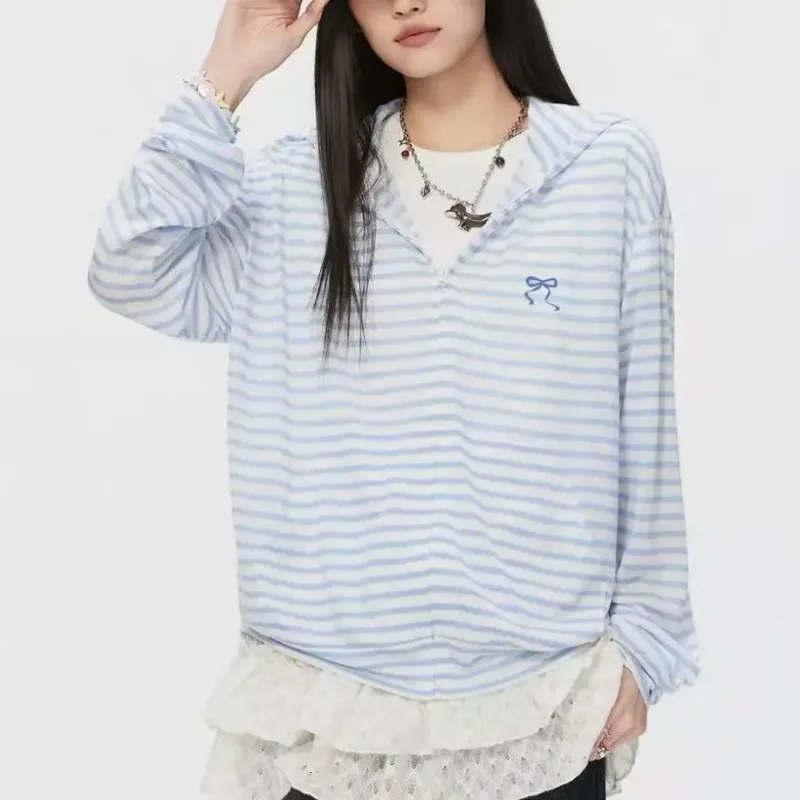 Korean Retro Women Summer Thin Cool Feeling Striped Hooded Cardigan Bow Embroidery Sun Air Condition Shirt Coat