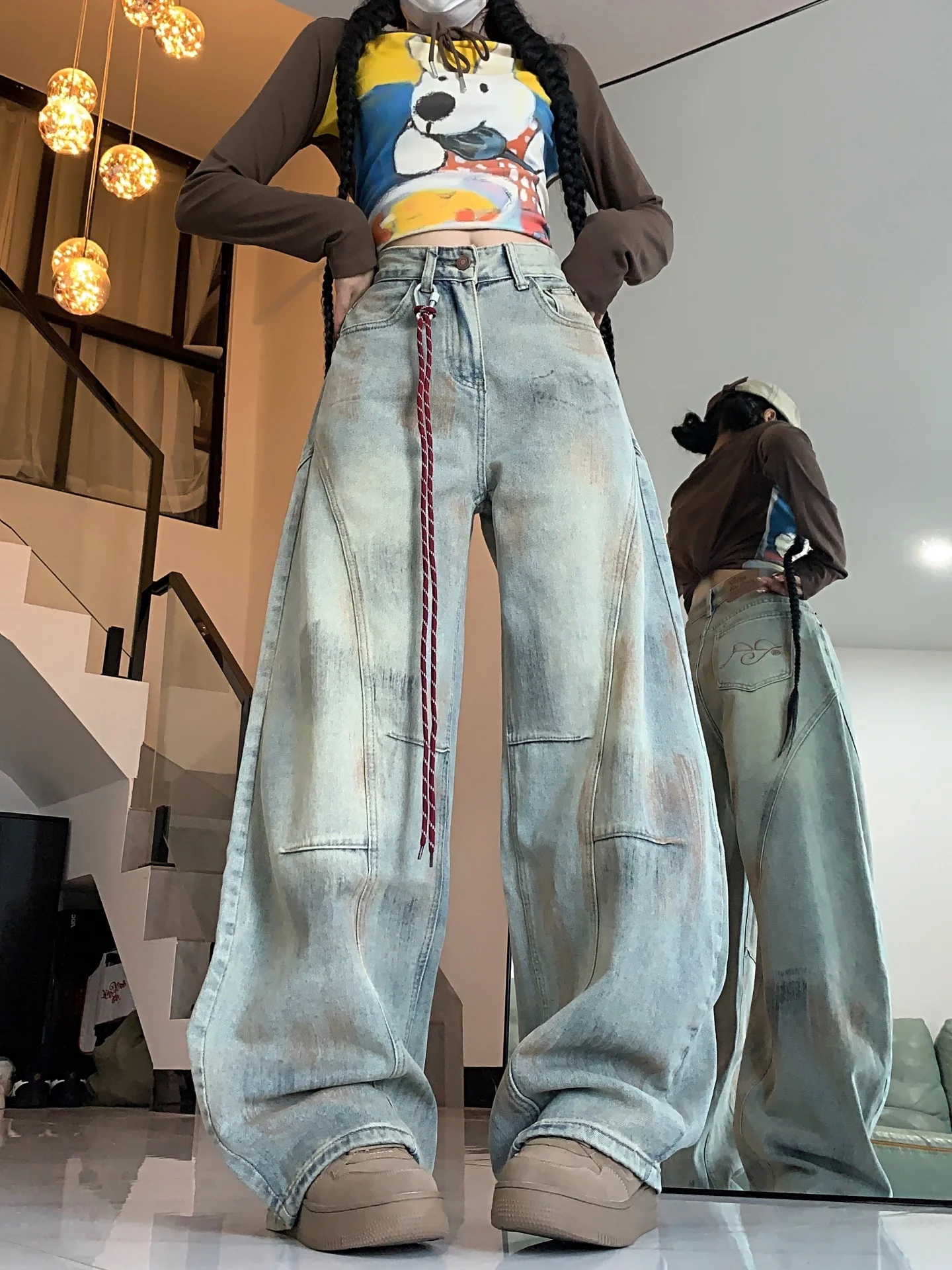 

Джинсы американского стиля больших размеров для женщин: прямые широкие брюки с высокой талией для фигуры типа «груша», повседневная одежда