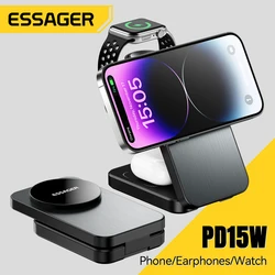 Essager 3 in 1 Magnetic 15W Wireless Charger Stand For iPhone 15 Pro Max Airpods Apple Watch Phone Fast Charging Station Holder