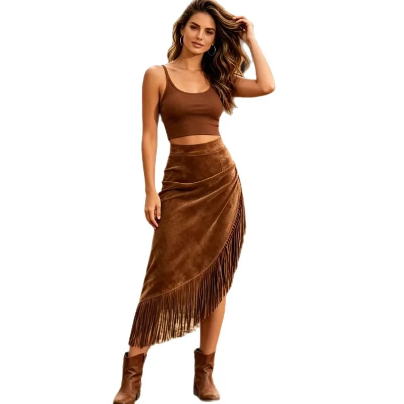 Cross-border European and American Retro Western Style Solid Color Irregular Design Fringed Suede Skirt Temperament Commuting