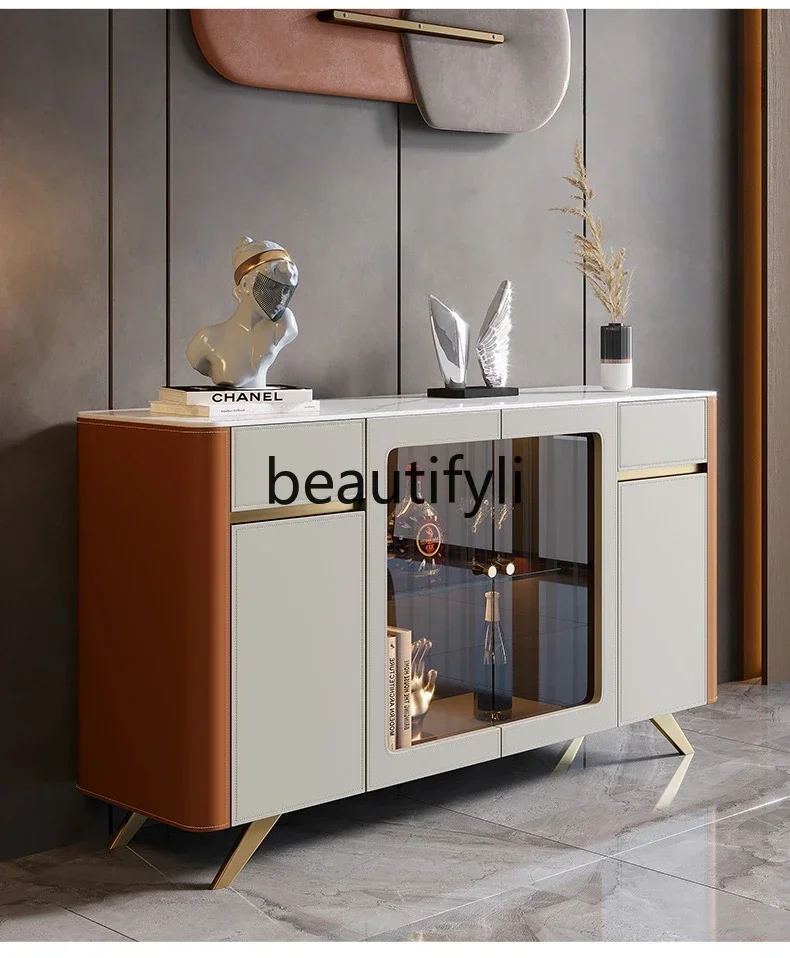 

Italian light luxury saddle leather dining side cabinet against the wall storage rock slab tea cabinet