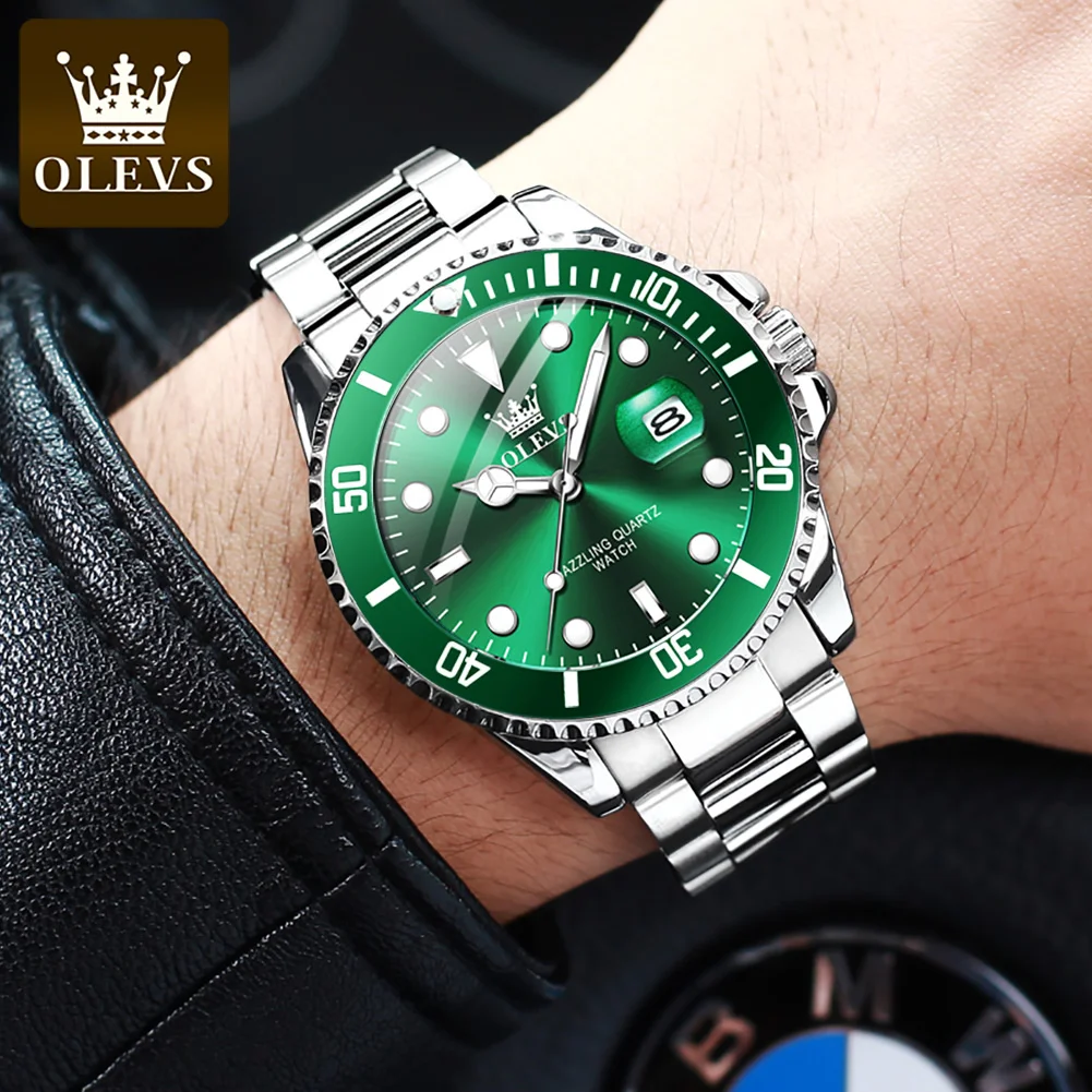 Olevs Luxury Brands Original Wristwatch Gifts For Men Diving Series Stainless Steel Waterproof Green Dial Sports Watch For Men