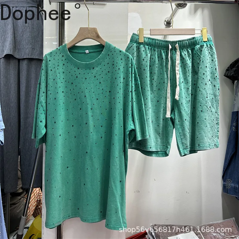 

Fashion Summer Women Two-piece Set Diamonds Hot Drilling Loose Short Sleeve T-shirt Top + Elastic Waist Straight Shorts Suits