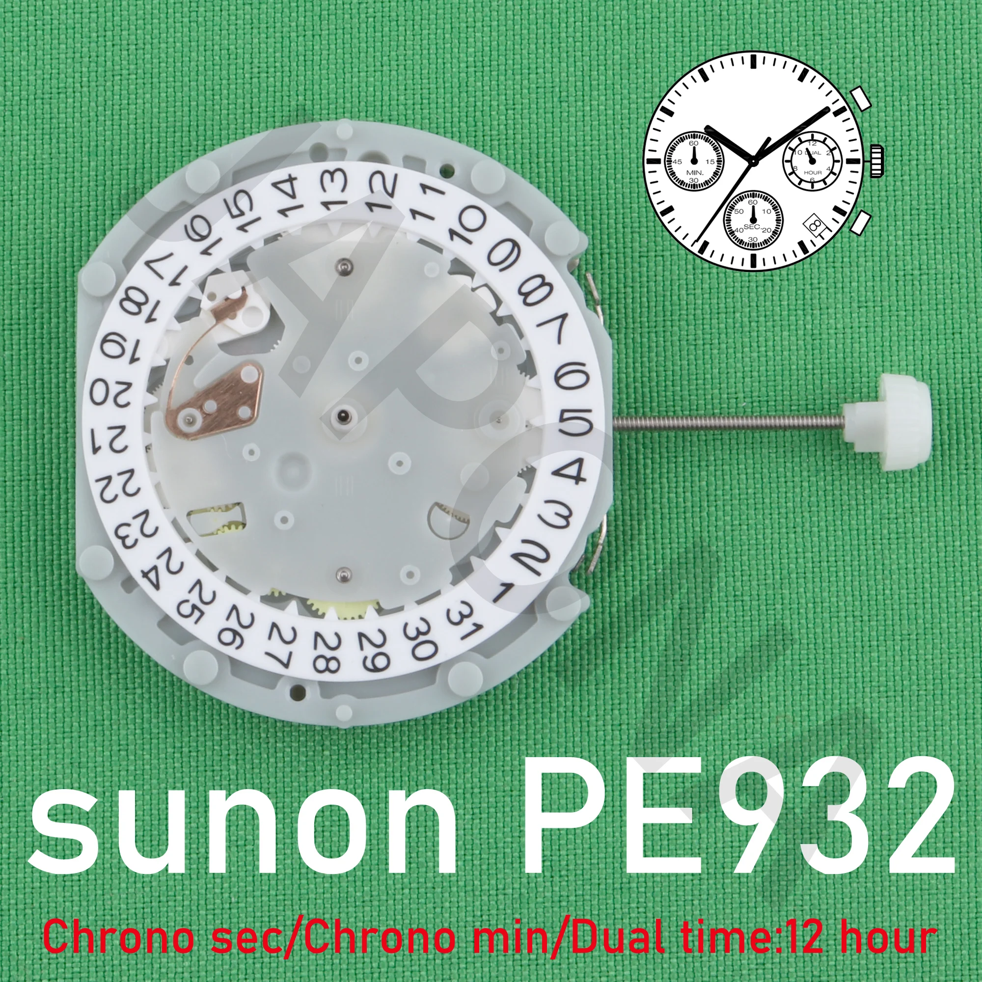 PE932 movement sunon pe93 watch movement dual time chronograph series 6hands/date/chrone sec/chrone min/dual time:12 hour