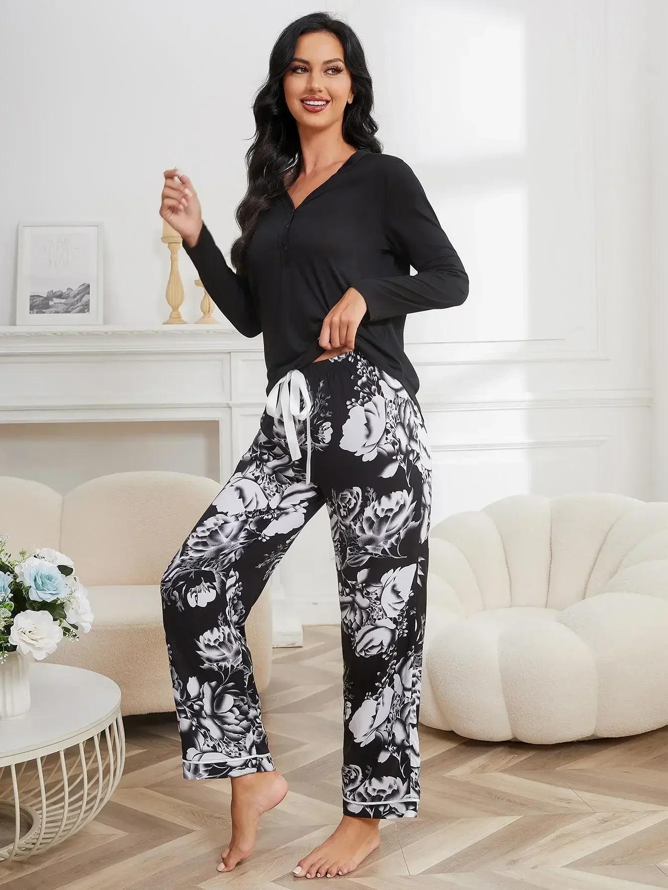 Front Button Women Pajama Set V Neck Long Sleeve Top & Floral Print Pants Sleepwear 2 Pieces Fall Female Nightwear Homwear Cloth